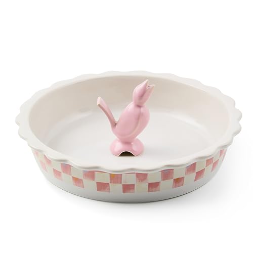 MACKENZIE-CHILDS Everyday Pie Plate with Pie Bird Stoneware Pie Pan for Baking and Serving Pink-and-White Rosy Check
