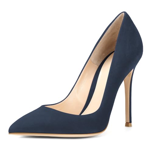 Image of Mettesally Stiletto Heels for Women - 10cm Closed Toe High Heels Slip-On Pumps Pointed Toe Design Suede Navy UK6