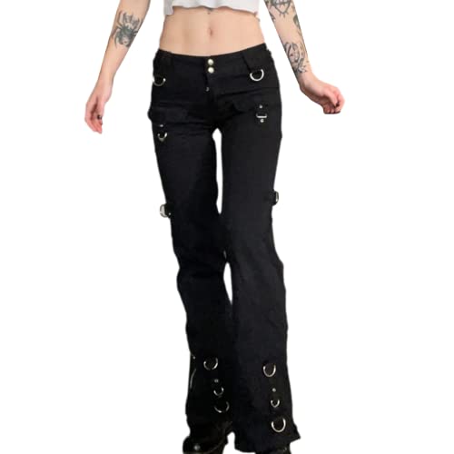 ENFUSO Punk Y2k Grunge Low Waist Emo Jeans Mall Gothic Women Black Patchwork Electro Pants Fashion Streetwear Alt Clothes