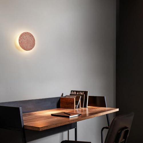 Image of DUHU Round Wall Light,Red Cement Wall Lamp Hardwired for Hallway,Minimalist Led Wall Sconce Flat Design,Modern Sconces Lighting for Bedroom,Living Room,Bathroom,9w 3000k,Warm White,Moon Light Wall