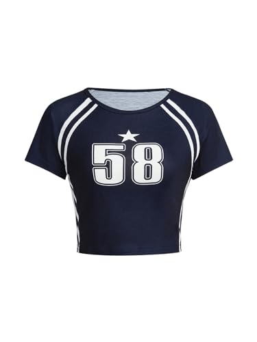 Girl's Number Print Striped Jersey Shirts Short Sleeve Crew Neck Crop Tops Graphic T Shirt