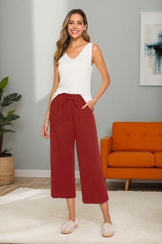 Image of LNX Womens Linen Capri Pants Wide Leg High Waisted Drawstring Casual Cropped Pants with Pockets