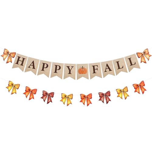 Image of Oudain 2 Pack Happy Fall Burlap Banner with Bows Garland 6.56 ft Fall Banner Decor for Fireplace Autumn Bow Garland Paper Hanging Bunting Flag Decor for Harvest Mantel Fireplace Thanksgiving Party