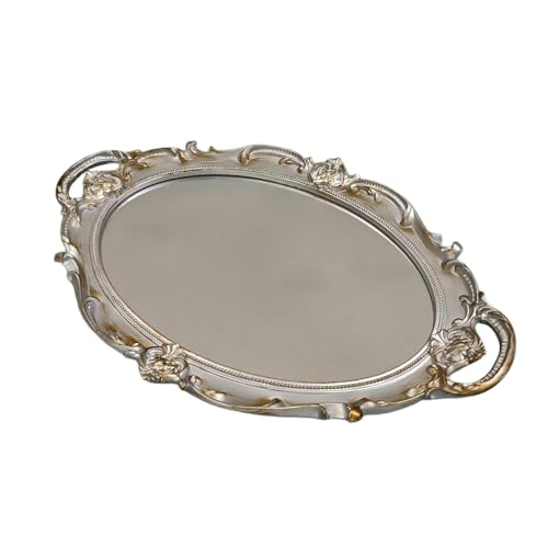 Yamfurga Oval Decorative Mirror Tray, French Style, Makeup Organizer, Jewelry Organizer, Serving Tray, 14.6'X9.8', Golden Silver