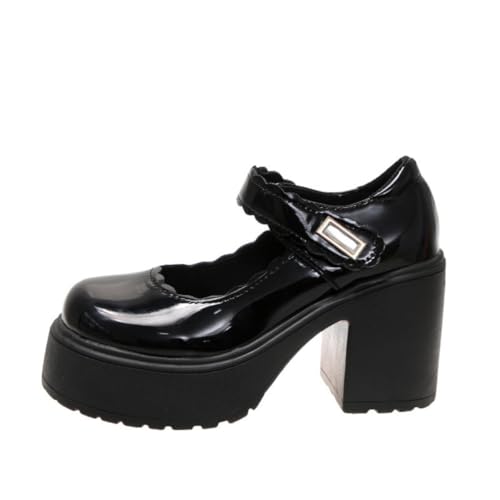 Image of Women's Platform Mary Janes Heart Cat Buckle Rivets Ankle Lolita Gothic Princess Platform Pumps Patent Leather Thorn Vintage Traditional Embroidery Upper Dress Shoes