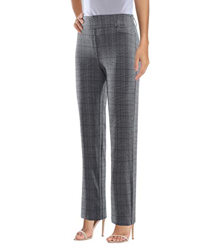 Vocni Women's Bootcut Stretch Elastic Waist Slim Fit Comfortable Pull on Dress Pants Full Ankle Length Trousers A-Gray Plaid-Belt Buckle,US 12