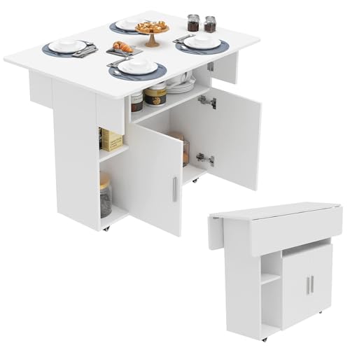 Chleby Mesa Plegable Comedor, Mesa Cocina Plegable con Ruedas, Aparador de Cocina para 4-6 Personas, 100x70x78 cm, Blanco