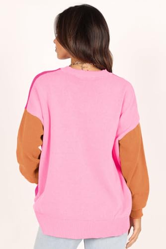 Women's Bonbon Three Tone Contrast Round Neck Loose Sweater - Stylish and Cozy3