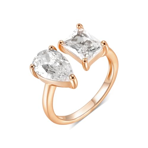 MDFUN 18K Adjustable Eternity Toi Et Moi Ring for Women Radiant-Cut and Pear-Shaped Cubic Zirconia Stones Fake Wedding Ring Statement Eternity Promise Engagement Wedding Rings