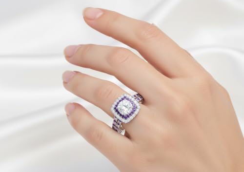 Image of 55Carat Choose Your Gemstone Double Band Square Halo Diamond CZ Ring 925 Sterling Silver Round Shape Halo Engagement Rings Everyday Jewelry Wedding Jewelry Handmade Gifts for Wife US Size 4 to 12