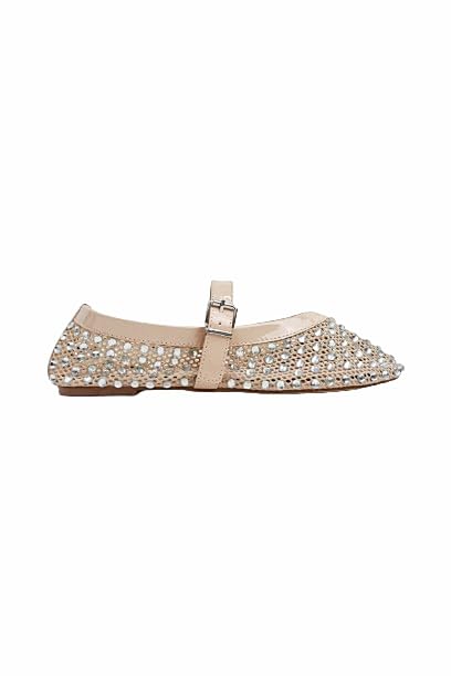 LEMONADE Women's Diamante Fishnet Detail Buckle Strap Flat Ballet Pump