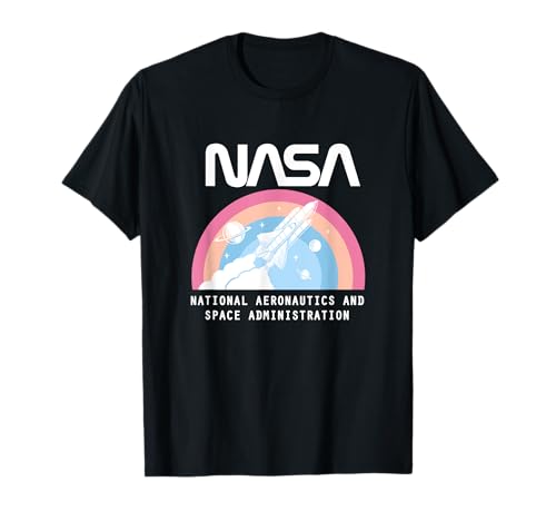 Image of NASA Space Shuttle Vintage Retro Pastel Rainbow Planet Badge T-Shirt