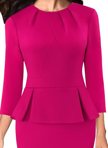 Image of VFSHOW Womens Pleated Crew Neck Peplum Slim Work Business Dress Elegant 3 /4 Sleeves Office Church Bodycon Pencil Sheath Dress
