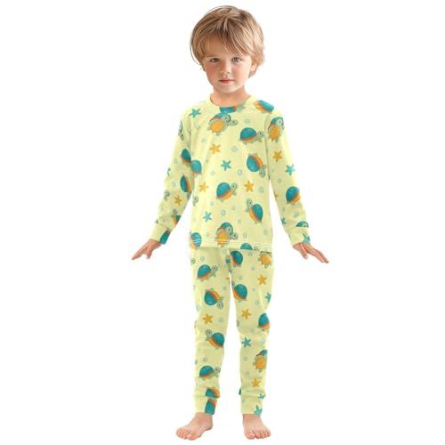 Pajama Sets Long Sleeve Turtles Stars Bubbles Yellow Background Soft Comfy Sleepwear 2 Piece PJS 3-8T2