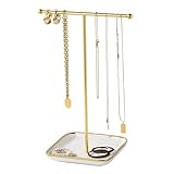 Leijosya modern T-shaped jewelry rack, jewelry tower, gold metal, square ceramic base decoration display tower, necklace, bracelet, ring storage rack (1-layer ceramic disc)