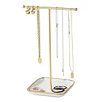 modern T-shaped jewelry rack, jewelry tower, gold metal, square ceramic base decoration display tower, necklace, bracelet, ring storage rack (1-layer ceramic disc)