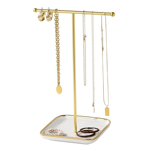 Leijosya modern T-shaped jewelry rack, jewelry tower, gold metal, square ceramic base decoration display tower, necklace, bracelet, ring storage rack (1Tiers)