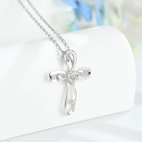 Sterling Silver Cross Necklace for Women Twisted Crucifix Pendant with Heart-Shaped Zirconia Birthday Gift2