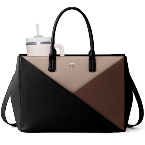 Image of LOVEVOOK Laptop Work Tote Bag for Women with Large Cup Holder, 16 Inch | Computer Bags Business Office Briefcase Handbag, Teacher Tote Bag, Double Laptop Protection, PU Leather, Large Capacity