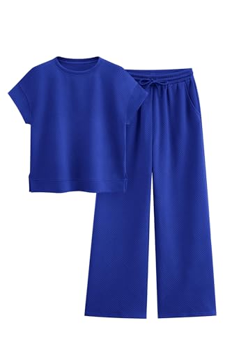 Image of PRETTYGARDEN 2 Piece Outfits For Women Casual Tracksuit Short Sleeve Tops And Wide Leg Long Pants Matching Lounge Sets
