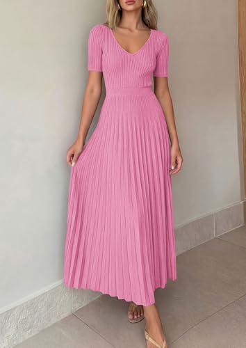 Image of PRETTYGARDEN Women's 2026 Spring Midi Sweater Dresses Elegant Pleated Ribbed Knit Short Sleeve V Neck A Line Summer Outfits
