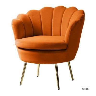 Image of Wooden Velvet Shell Accent Chair, Upholstery, Gold Metal Legs, Channel Tufted Design, Barrel Chair for Living Room, Drawing Room, Bedroom, & Office (Orange)