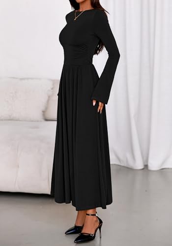BTFBM Long Sleeve Maxi Dresses for Women 2025 Fall Casual Ruched Boat Neck Flowy Elegant Formal Wedding Guest Dress4