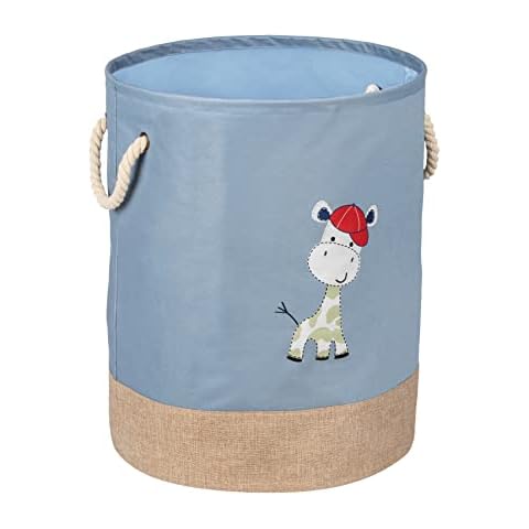 WENKO Wäschesammler Kids Gerry Blau, runder Wäschesack für Kinder in modernem Taubenblau mit niedlichem Giraffen Aufdruck und zwei Henkeln aus Baumwolle Cover