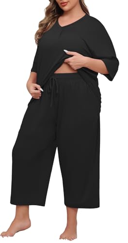 Lastshe Women's Plus Size Pajama Set 2 Piece V Neck Capri Pants Loungewear with Pockets Knit Soft Pjs Sleepwear2