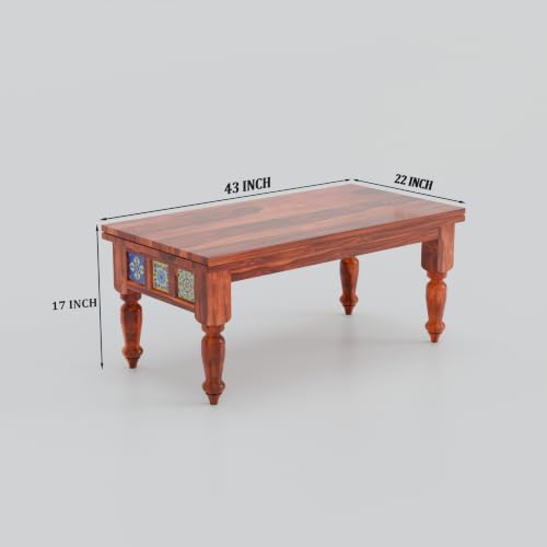 Image of Solid Sheesham Wood Center Coffee Table with 2 Cushioned Stools | Wooden Coffee Table | Space Saving Nesting Design for Living Room, Drawing Room, Hall, Bedroom, Office | Honey Finish