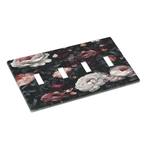 Decorative Light Switch Cover Plate Rustic Big Pink Flowers White Peony Floral 4 Gang Wall Plate Oversized Quad Toggle Switch Cover Plate Jumbo Faceplate for Home Decor