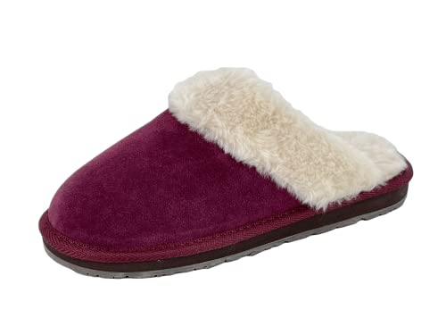 Image of Clarks Womens Open Back Suede Leather Comfort Clog Slipper JMS0583C - Plush Faux Fur Trim - Indoor Outdoor House Slippers For Women