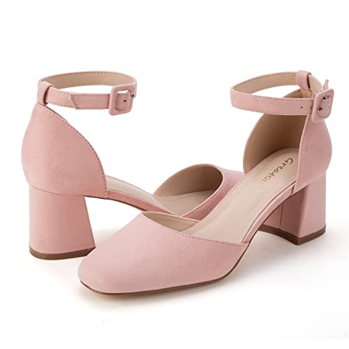 Greatonu Women's Closed Toe Ankle Strap 2.5 inch Low Block Heels Dress Wedding Party Pumps Shoes3