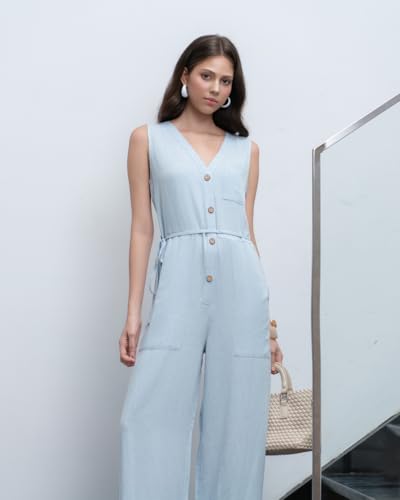 SIXDO G-Blue Woven Jumpsuit Long, Lightweight Spring Summer Casual Jumpsuit Long L — view 6
