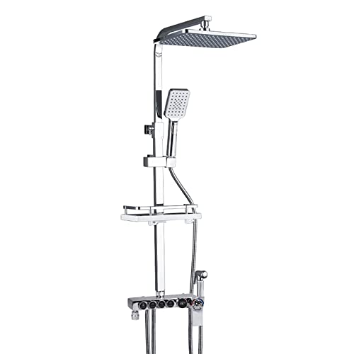 Dnkelar Duschsystem mit Thermostat Mischer, Duscharmatur Duschset mit Regendusche, Handbrause und höhenverstellbar Duschstange (Tasten&LED Anzeige-Silber) Cover
