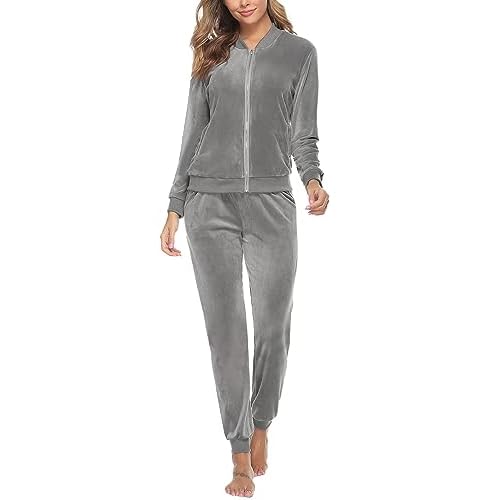 Totatuit Velour Tracksuit Womens Sweatsuit Set Long Sleeve Zip Up Jacket & Drawstring Sweatpants Outfit X-Large Gray