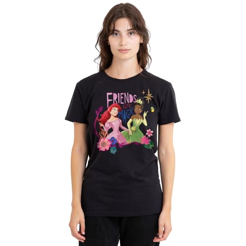 T-shirt femme noir Disney Princess Ariel et Tiana en coton pour le quotidien