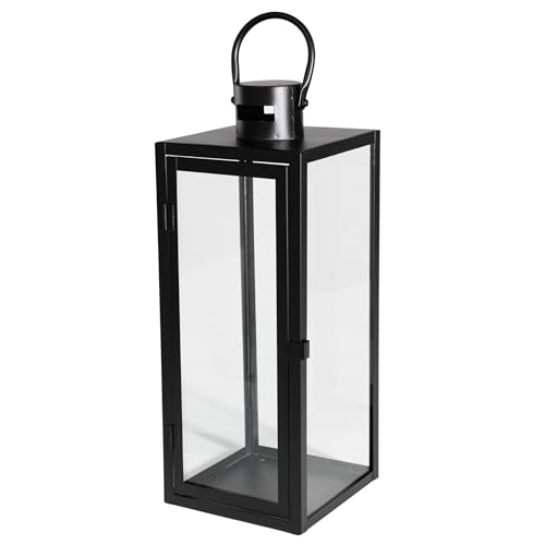 Laterne Metall Glas, dekorativer Lampion für Wohnzimmer & Outdoor – modern & elegant, in 3 Größen 38/49/63 cm & Farben Schwarz/Gold/Silber, auch als Set erhältlich (Schwarz, 49cm)