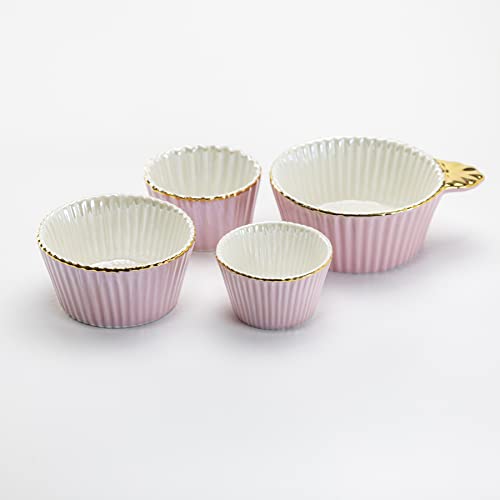 Set de 4 vasos medidores de porcelana rosa con borde dorado miniatura 1