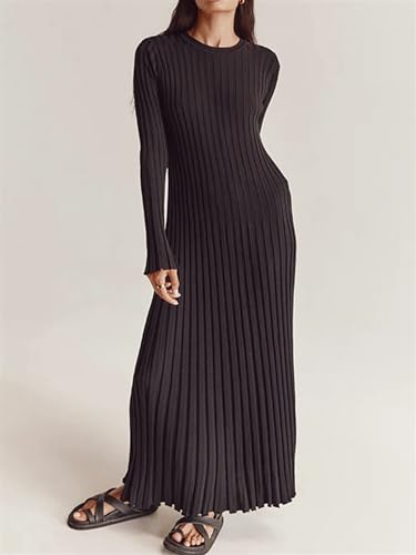 Image of Women's Long Sleeve Sweater Dress Ankle Length Fall Dress Vneck Knit Winter Dress