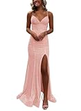 PUXIU Women's Blush Pink Sequin Prom Dress 2025 with Slit for Women Long Glitter Vestidos De Prom Backless 2
