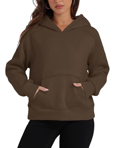 OFEEFAN Womens Hoodies Fall Outfits 2024 Trendy Casual Plain Sweatshirt Long Sleeve Cropped Tops with Kangaroo Pocket Coffee L