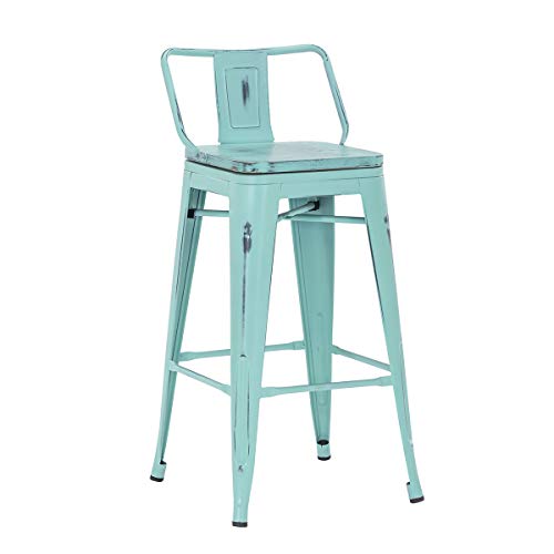 HAOBO Home Industrial Bar Stools Metal Barstools Counter Height Stools with Wooden Seat [Set of 4](24\", Low Back Swivel Distressed Green-Blue) - Thumbnail 7
