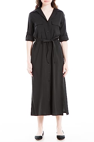 Max Studio Women's Peachskin Tab Sleeve Midi Shirt Dress, Black, Large at  Amazon Women's Clothing store