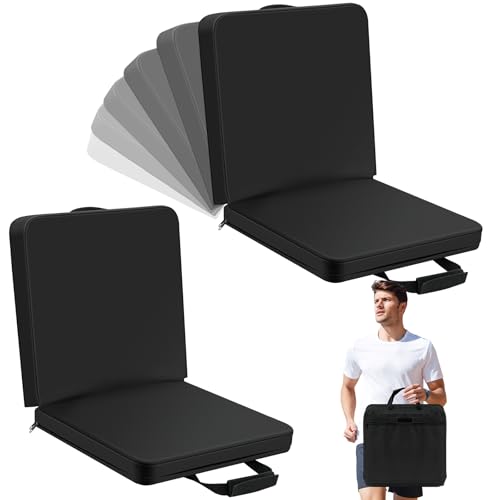 2 Pack Portable Stadium Seats with Back Support Black Bleacher Seats with Backs and Cushion Foldable Adjustable 6 Reclining Positions Folding Bleacher Seat with Shoulder Strap and Back Pocket