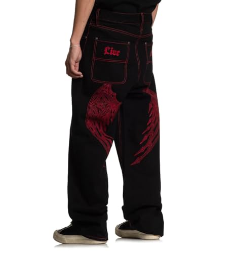 Affliction Men's Black Denim Jeans with Red Wing Embroidery, Gothic Style, Contrast Stitching, Wide Leg Design4