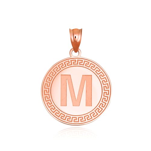 Letter M - Exquisite 10K Rose Gold Personalized Letter Initial A-Z Greek Key Medallion Pendant