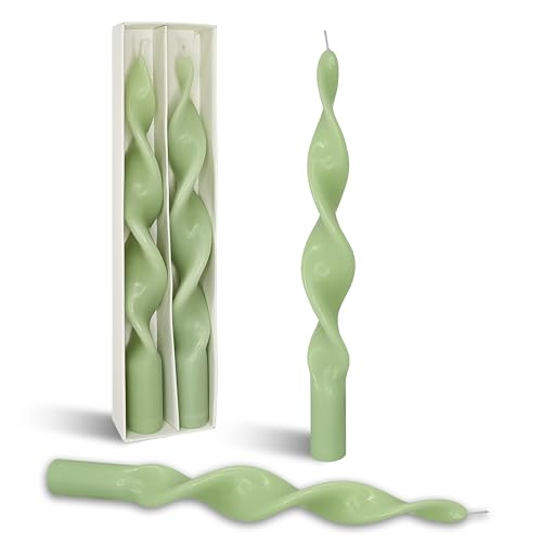 Image of Smokeless Green Spiral Taper Candle Handmade Unscented Taper Candlesticks 10 Inch Long Twisted Candles for Candlelight Dinner Decor Wedding Church 2 Pcs