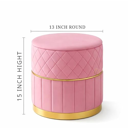 Image of Set of 2 Round Velvet Ottoman Footstool Gold Base - Tufted Upholstered Pouffe Stool for Living Room, Bedroom & Dressing Area (Baby Pink)