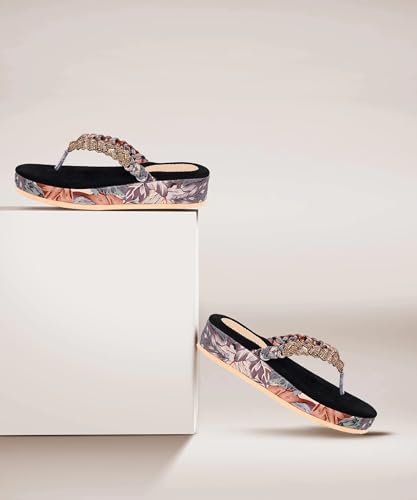 Image of ZAPATOZ Women's Floral Platform Sandals with Braided Gold Embellishment, Black Velvet Thong Slippers, Printed Sole Design